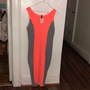 Peach and striped black and white bodycon dress